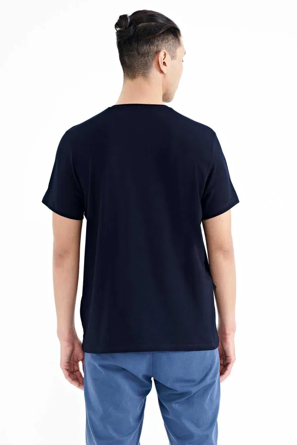 Tommylife Wholesale Navy Blue Text Print Standard Fit Crew Neck Men's T-Shirt - 88172