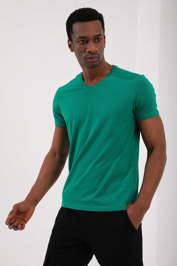 T-shirt basique Tommylife pour homme, col en V, coupe standard, vert foncé, référence 87912.