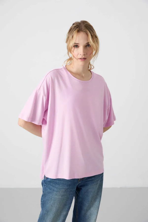 Tommylife Toptan O Yaka Oversize Basic Kadın T-Shirt 97285 Pembe