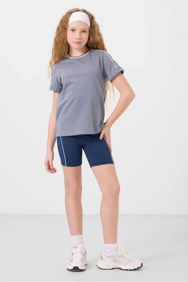 Tommylife Toptan Pamuklu O Yaka Oversize Fit Baskılı Kız Çocuk T Shirt 75177 Koyu Mavi