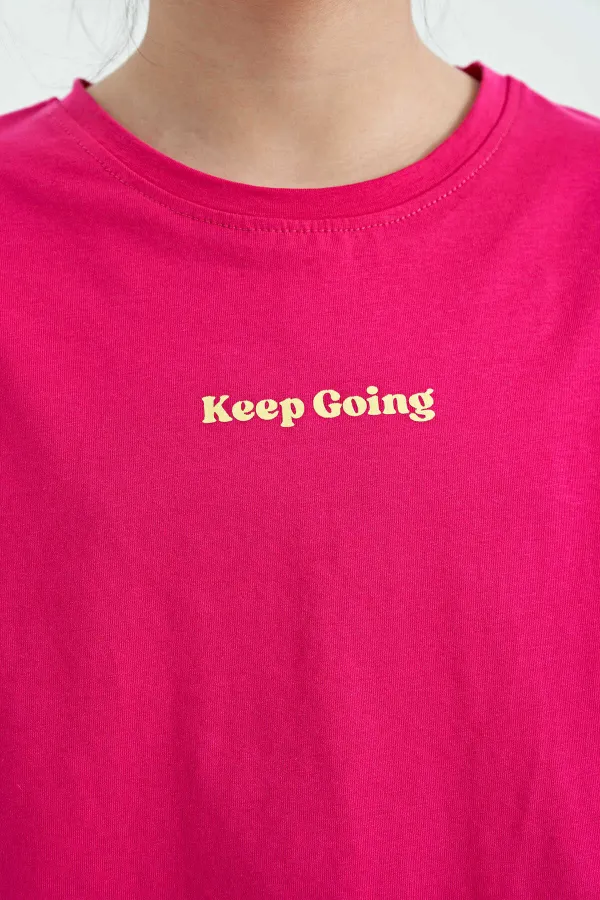 Tommylife Wholesale Fuchsia Printed Crew Neck Dropped Shoulder Oversize Girls' T-Shirt - 75130