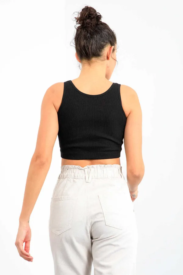 Tommylife Wholesale Black Basic Sleeveless Slim Fit U-Neck Women's Crop Top Tank Top - 97160