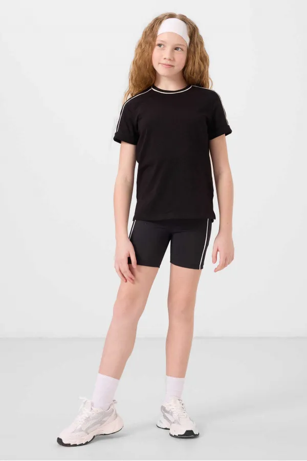 Tommylife Toptan Pamuklu O Yaka Oversize Fit Baskılı Kız Çocuk T Shirt 75177 Siyah