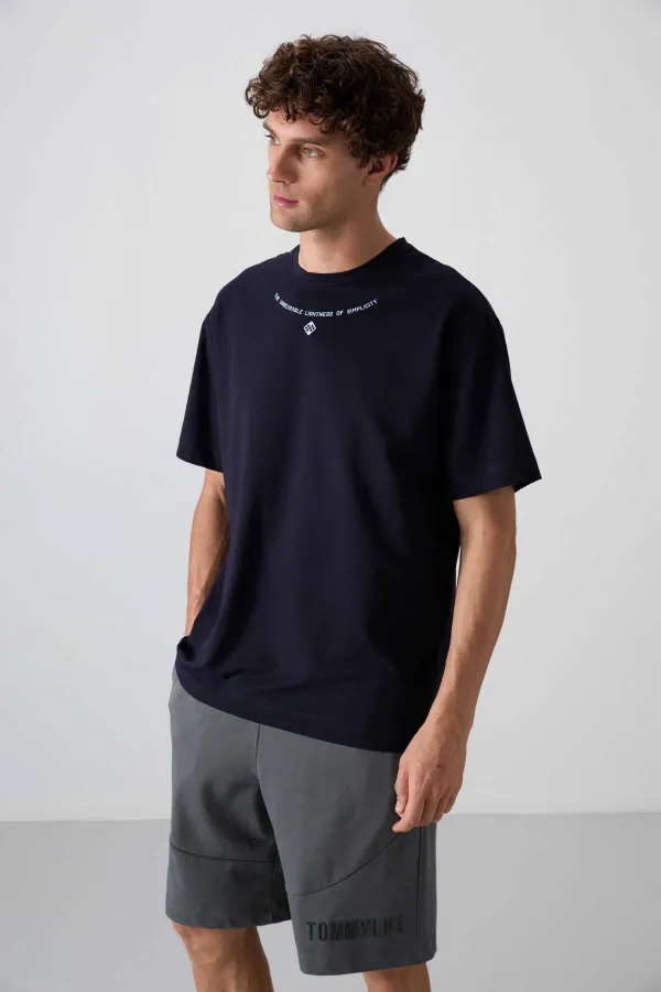 Tommylife Toptan O Yaka Oversize Baskılı Erkek T-Shirt 88343 Lacivert