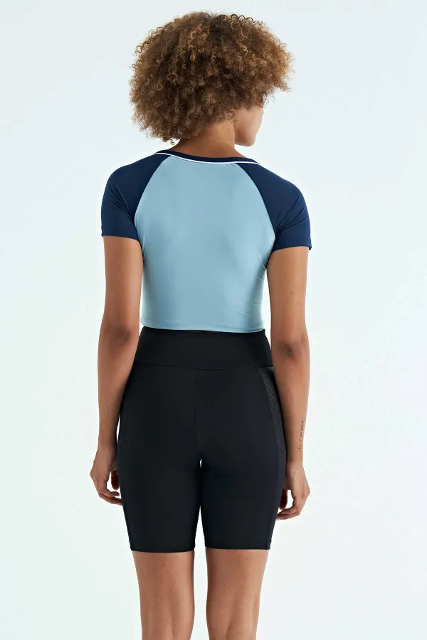 Tommylife Wholesale Light Blue Color Block Logo Print Crew Neck Slim Fit Women's Crop T-Shirt - 97270