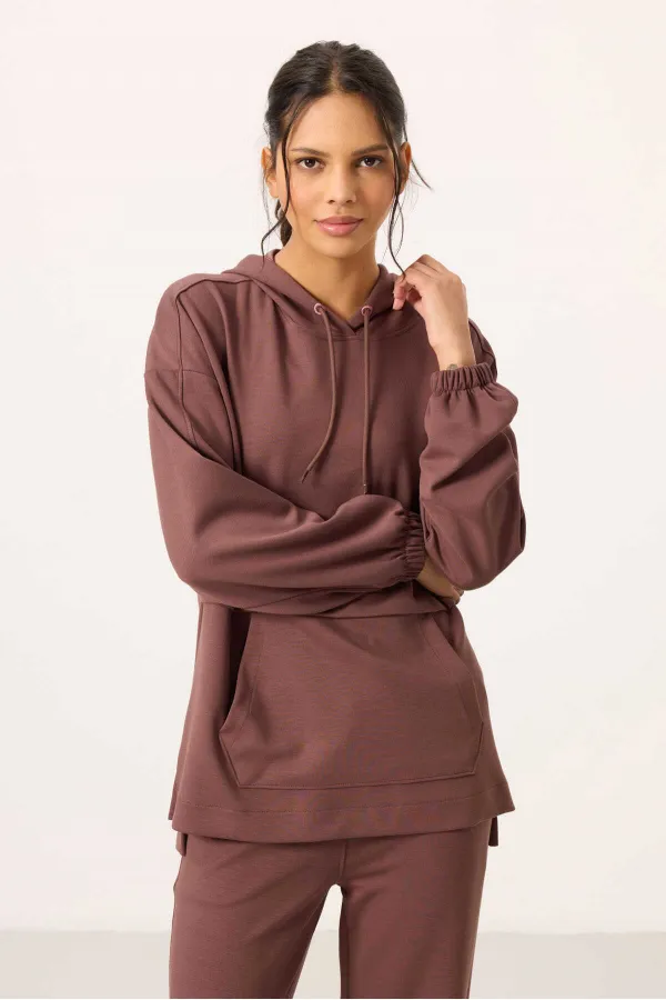 Ensemble tunique de survêtement à capuche oversize pour femme Tommylife, texture douce, vente en gros - 95348 Marron