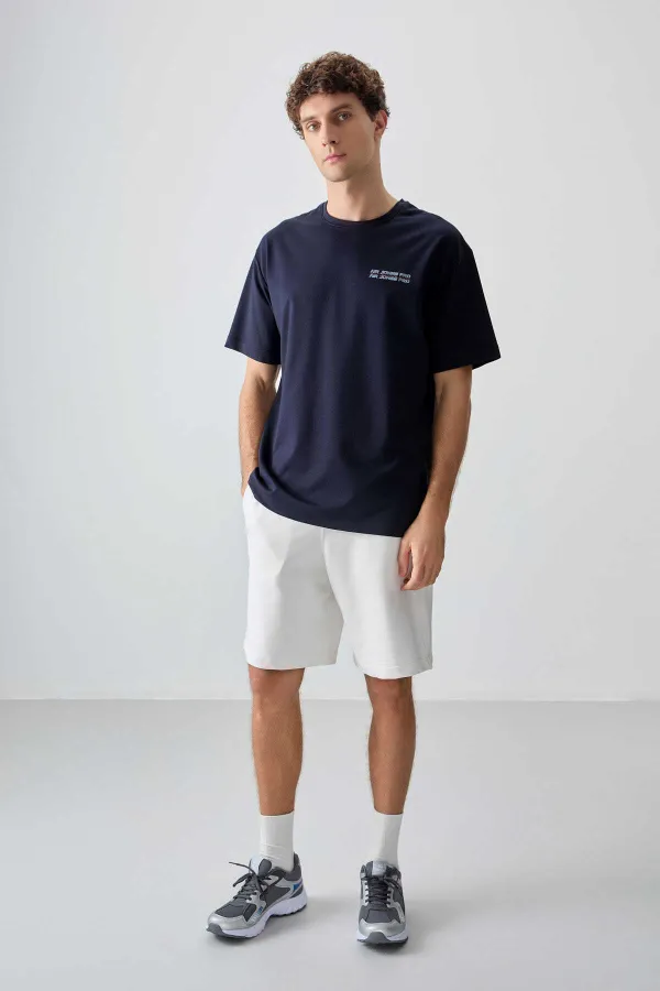 Tommylife Wholesale Crew Neck Oversize Printed Men's T-Shirt 88375 Navy Blue