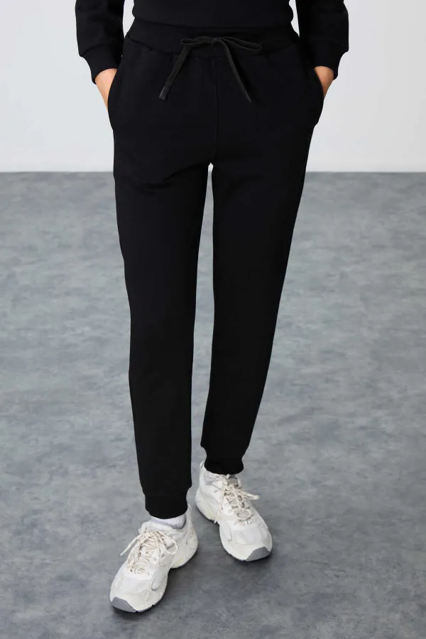 Tommylife Toptan Oversize O Yaka Jogger Kadın Eşofman Takımı 95341 Siyah