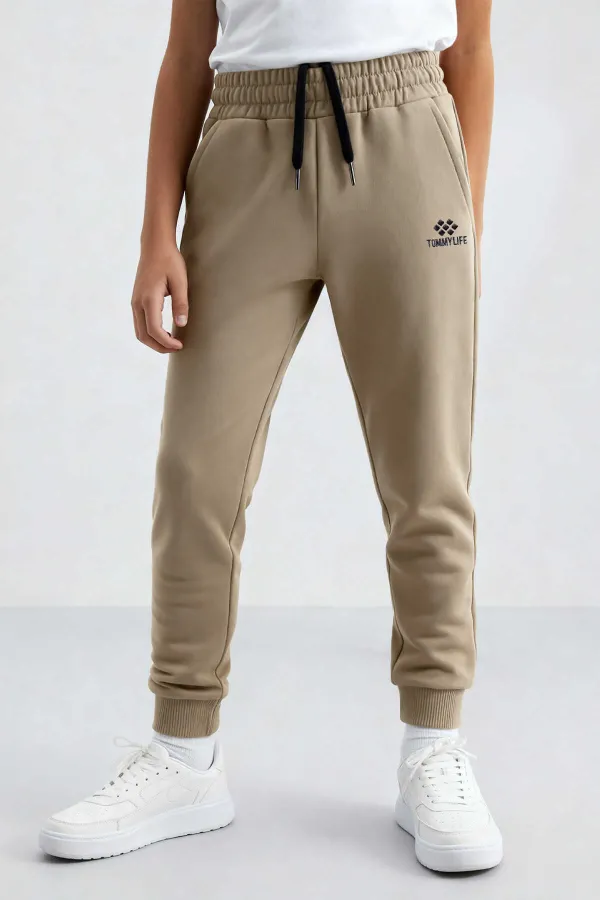 Tommlife Toptan Koyu Bej Standart Manşetli İnce Erkek Çocuk Eşofman Alt  - 11062