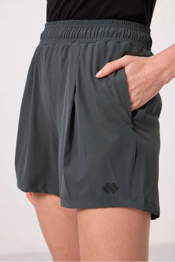 Tommylife Toptan Polyester Gizli Cep Fermuarlı Rahat Form Kadın Şort - 91014 Haki