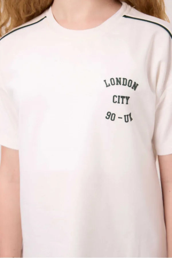 Ensemble de survêtement Tommylife Wholesale pour filles, col rond imprimé, ourlet élastiqué, coupe standard, réf. 75186, écru et vert pin