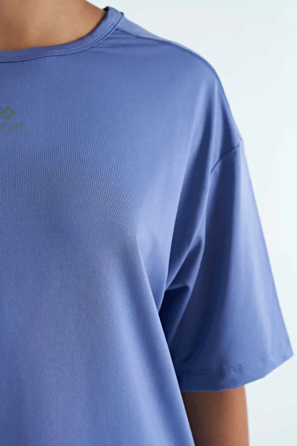 Tommylife Toptan Eflatun O Yaka Baskı Detaylı Oversize Kısa Kol Kadın T-Shirt - 97263