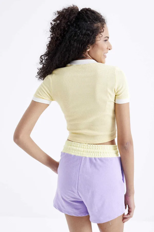 Tommylife Wholesale Yellow Basic Sleeve Detail Crew Neck Women's Crop Top T-Shirt - 97200