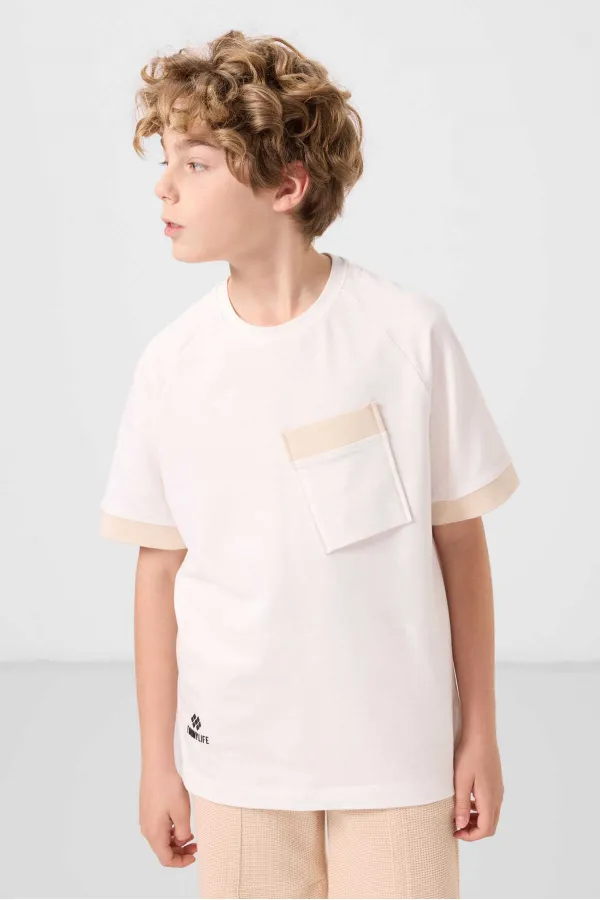 Tommylife Toptan Pamuklu Yumuşak Dokulu Oversize Cep Detaylı Erkek Çocuk T-Shirt 11295 Ekru