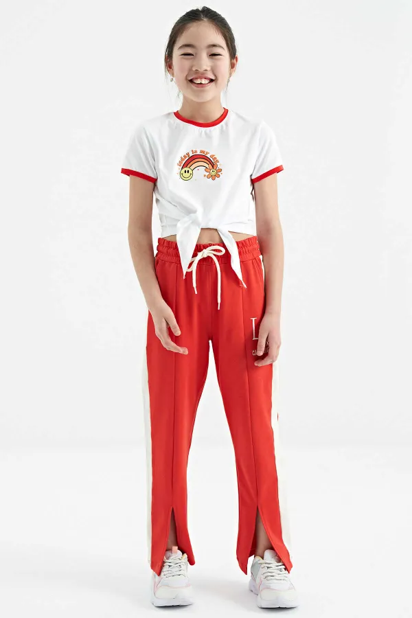 T-shirt fille Tommylife en gros, blanc imprimé, col rond, détails de cravate multicolores - 75113