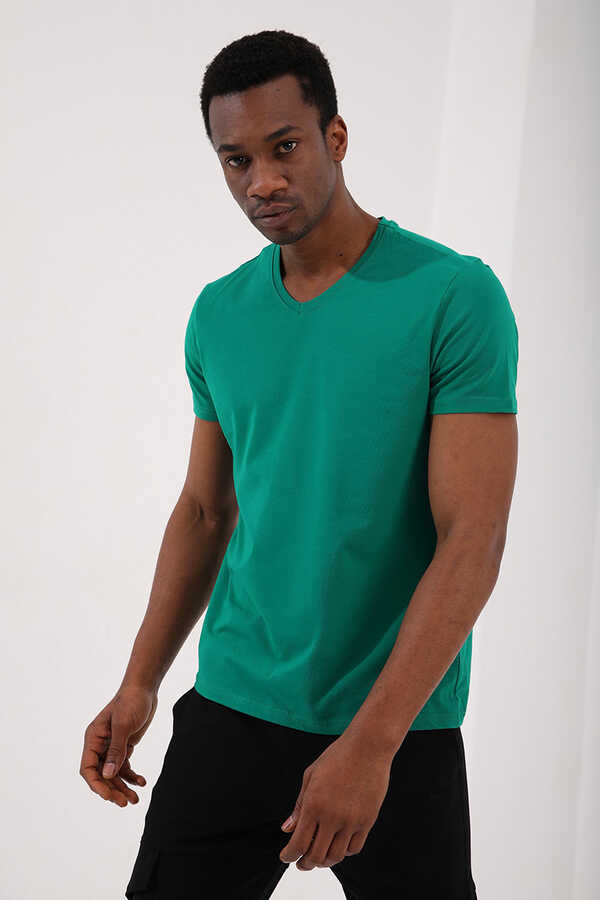 T-shirt basique Tommylife pour homme, col en V, coupe standard, vert foncé, référence 87912.