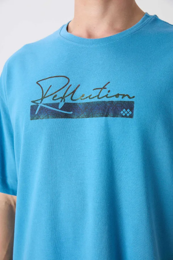 Tommylife Toptan O Yaka Oversize Baskılı Erkek T-Shirt 88334 Petrol Mavi