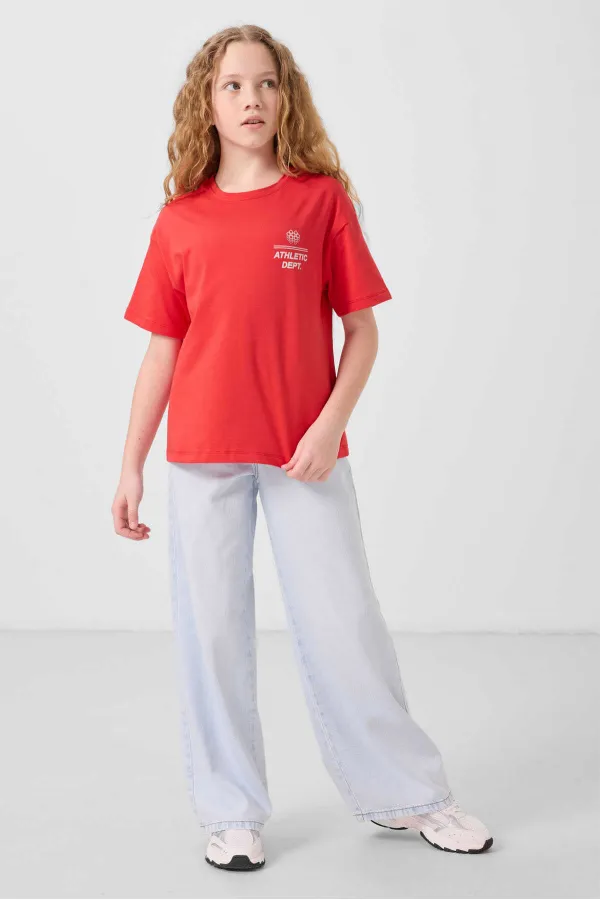 Tommylife Toptan Pamuklu O Yaka Oversize Fit Basic Kız Çocuk T Shirt 75178 Fiesta