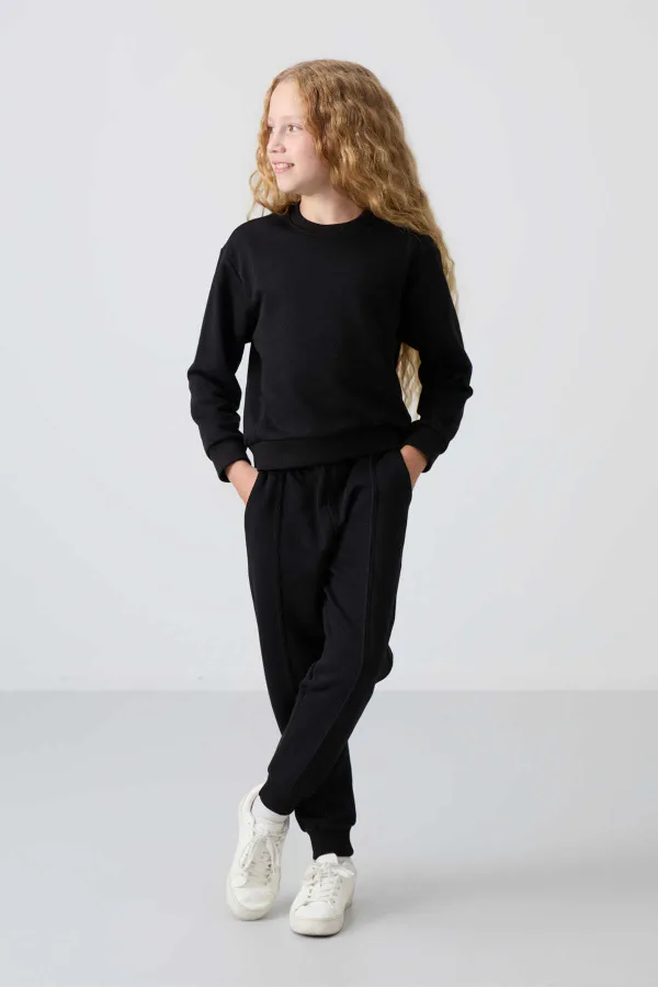 Tommylife Toptan 3-9 Yaş O Yaka Oversize Kız Çocuk Eşofman Takımı 75145 Siyah