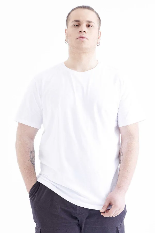 T-shirt homme Tommylife Wholesale blanc basique à manches courtes et col rond, grandes tailles - 88072