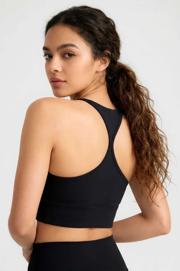 Tommylife Toptan Siyah Standart Fit Baskılı Sırt Detaylı Kadın Spor Büstiyer - 97300