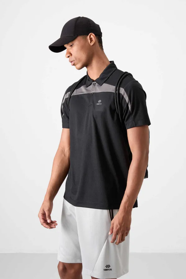 Tommylife Toptan Polo Yaka Standart Kalıp Aktif Spor Erkek T-Shirt 88392 Siyah