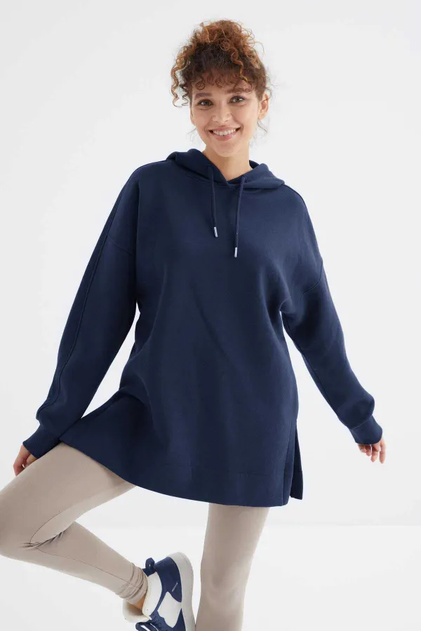 Tommylife Toptan İndigo Reglan Kol Basic Kapüşonlu Oversize Tunik - 97242
