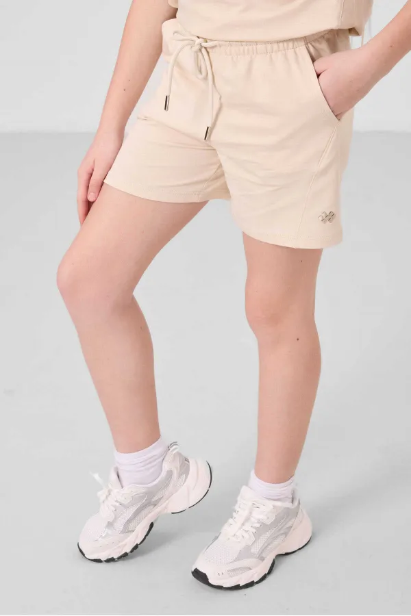 Tommylife Toptan Pamuklu Yumuşak Dokulu Standart Fit Basic Kız Çocuk Şort Takım 75184 Bej