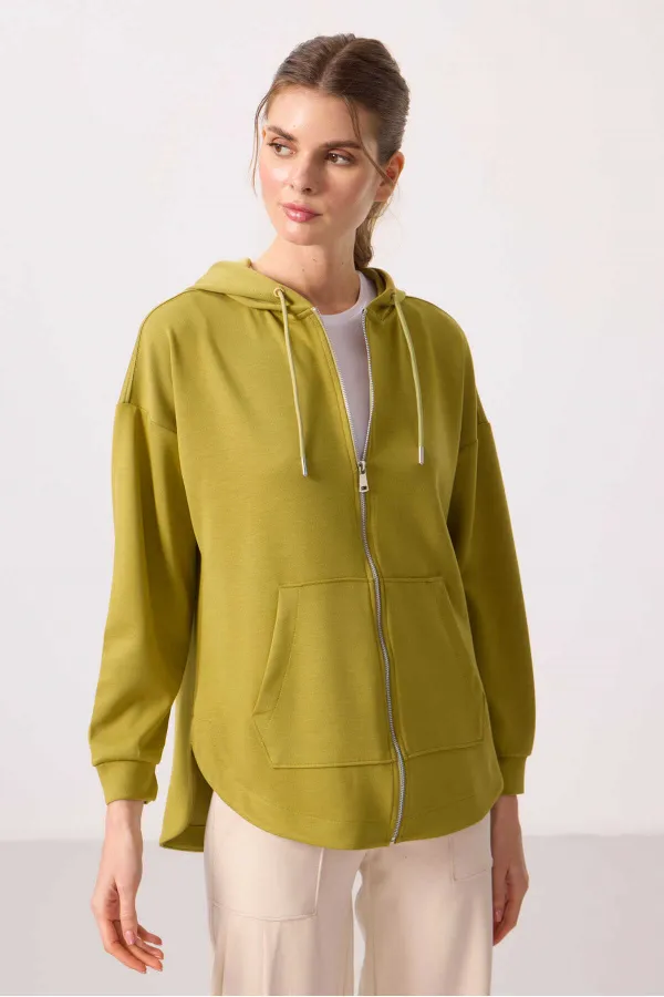 Tommylife Toptan Yumuşak Dokulu Kapüşonlu Oversize Kadın Tunik Sweatshirt - 97302 Koyu Hardal