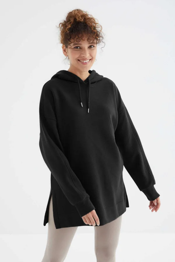Tommylife Wholesale Black Raglan Sleeve Basic Hooded Oversize Tunic - 97242