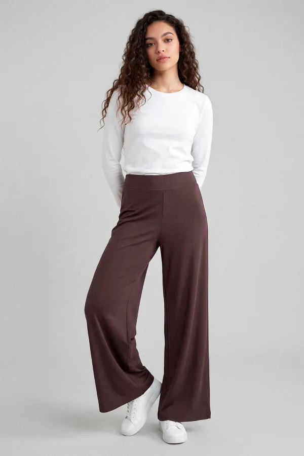 Tommylife Wholesale Brown Comfort Fit Wide Leg Corset Palazzo Women's Trousers - 94681 Tommylife Wholesale Brown Comfort Fit Wide Leg Corset Palazzo Women's Trousers - 94681
