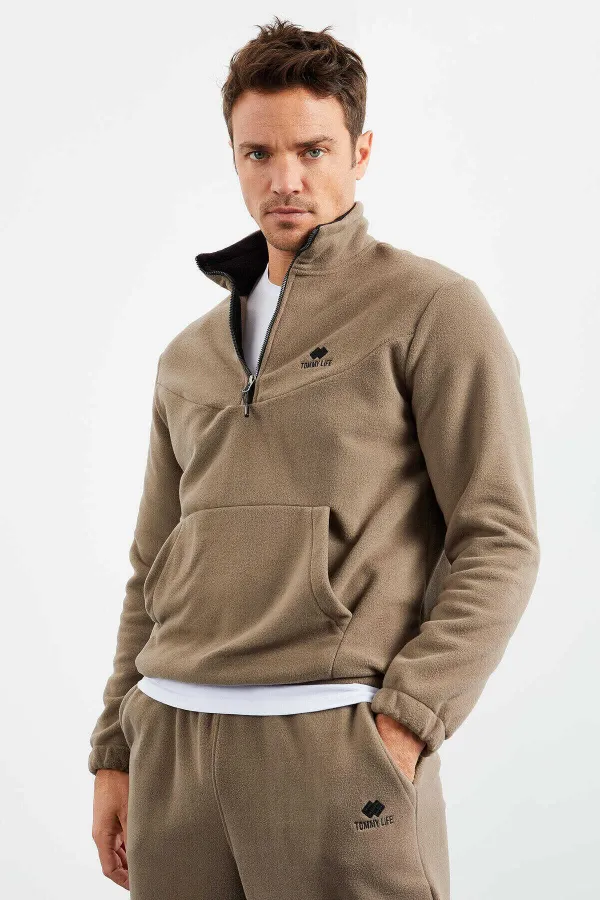 Tommylife Wholesale Standard Fit Half-Zip Fleece Men's Tracksuit Set 85159 Camel