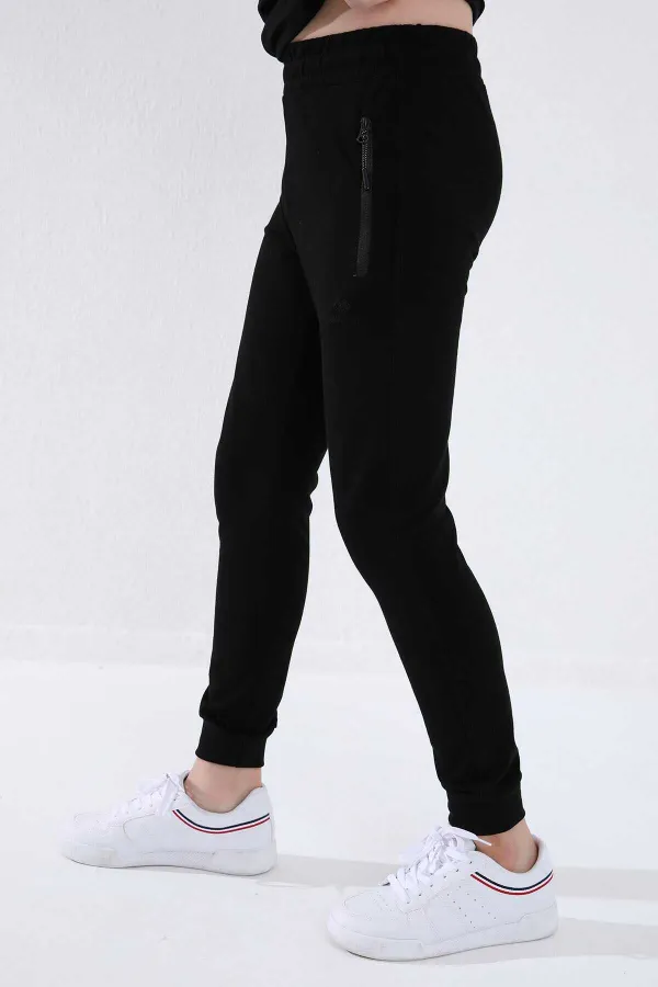 Pantalon de jogging noir pour garçon Tommylife, avec poche zippée, coupe standard et ourlets resserrés - 64042