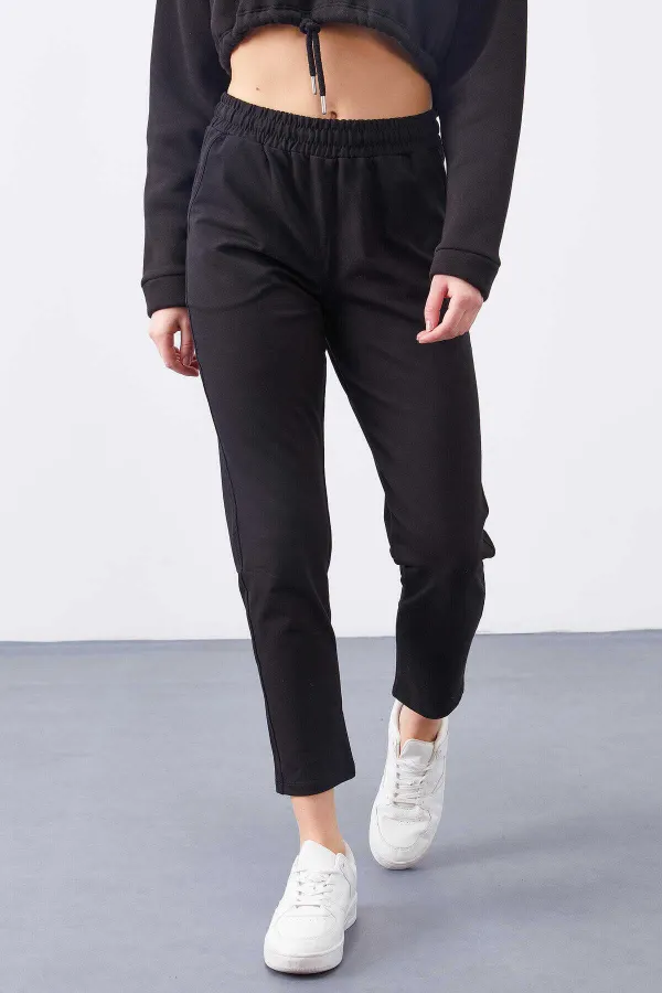 Tommylife Toptan Siyah Yüksek Bel Jogger Rahat Form Dar Paça Kadın Eşofman Alt - 94566