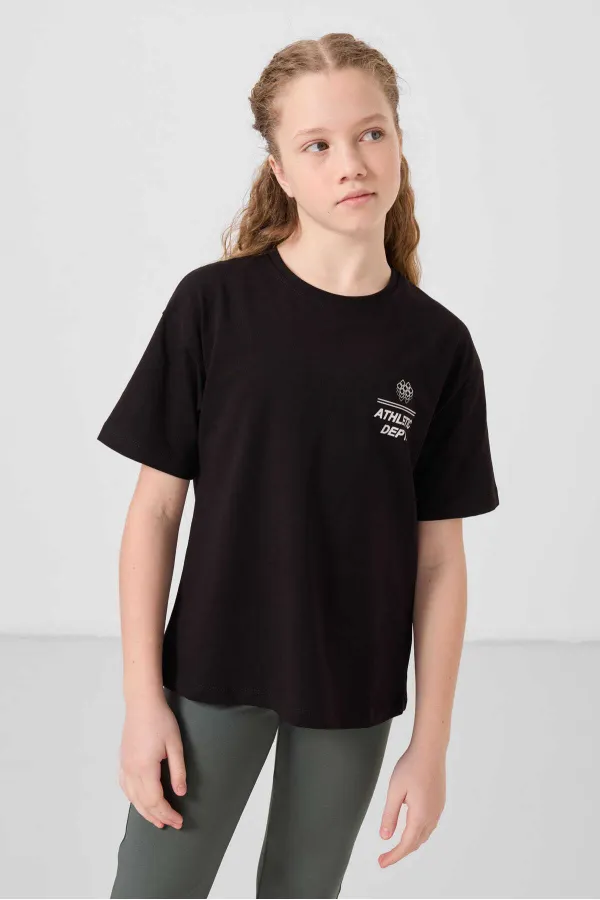 Tommylife Toptan Pamuklu O Yaka Oversize Fit Basic Kız Çocuk T Shirt 75178 Siyah