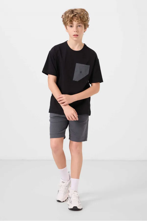 Tommylife Toptan Pamuklu Oversize Fit Dokuma Hafif Esnek Chino Erkek Çocuk Şort Takım 11278 Siyah-Gri