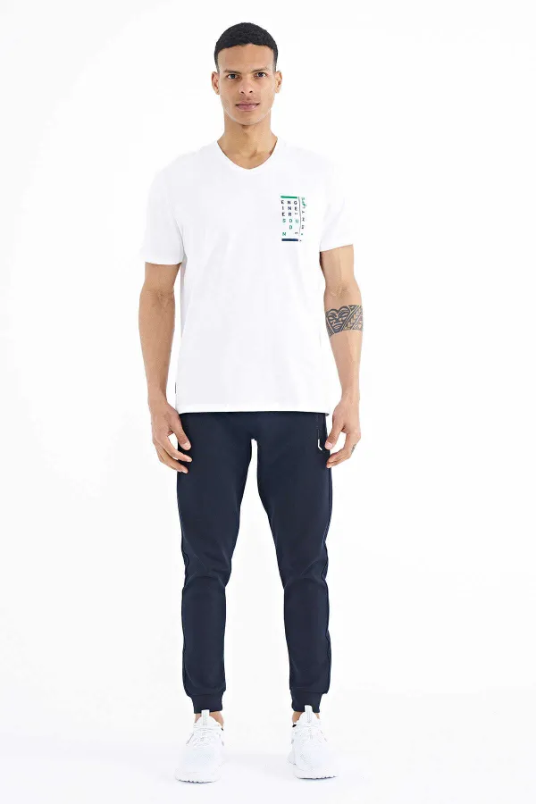 Tommylife Toptan Beyaz Baskı Detaylı V Yaka Standart Kalıp Erkek T-Shirt - 88186