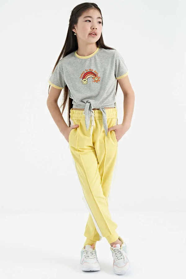 Tommylife Wholesale Grey Melange Print Detail Crew Neck Multicolored Tie Detail Girls' T-Shirt - 75113