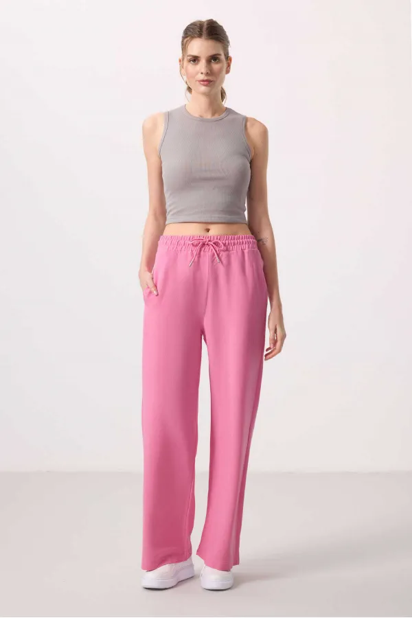 Tommylife Toptan Keten Geniş Paça Rahat Form Kadın Palazzo Pantolon - 94675 Fuşya