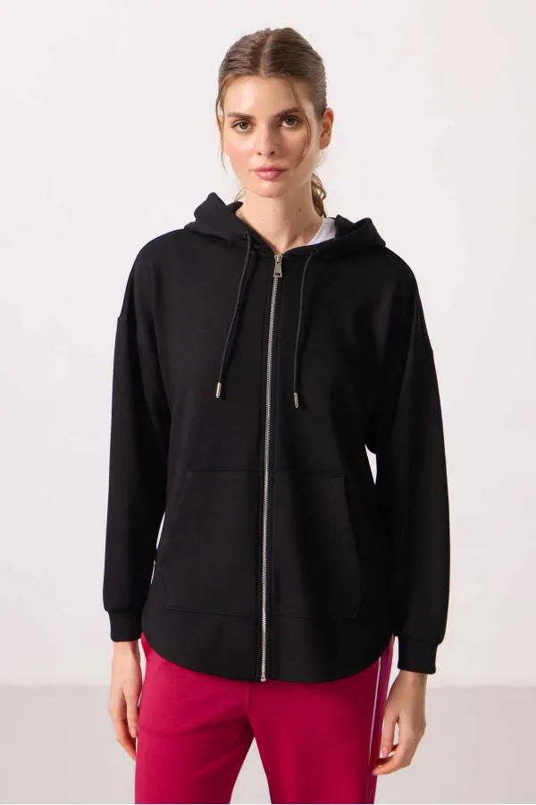 Tommylife Toptan Yumuşak Dokulu Kapüşonlu Oversize Kadın Tunik Sweatshirt - 97302 Siyah