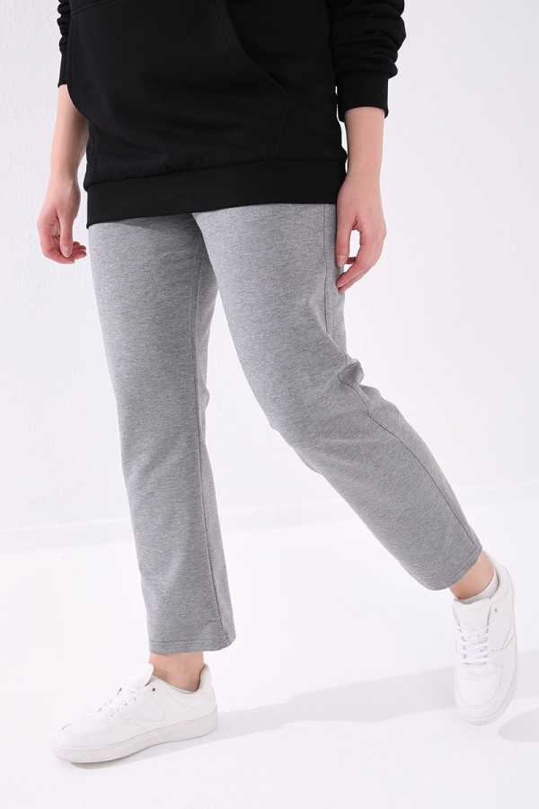 Tommylife Toptan Gri Melanj Klasik Paça Taş Detaylı Kadın Büyük Beden Eşofman Alt - 94040