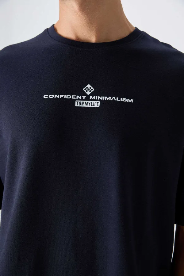 Tommylife Wholesale Crew Neck Oversize Printed Men's T-Shirt 88321 Navy Blue