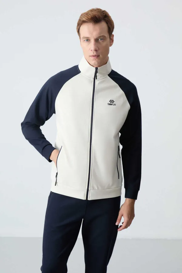 Tommylife Toptan Rahat Kalıp Dik Yaka Klasik Paça Erkek Eşofman Takımı 85113 Bej - Lacivert