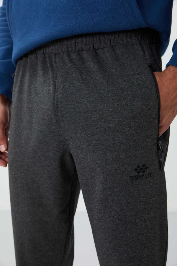 Tommylife Toptan Antrasit Melanj Fermuar Cepli Standart Kalıp Jogger Erkek Eşofman Alt - 84651
