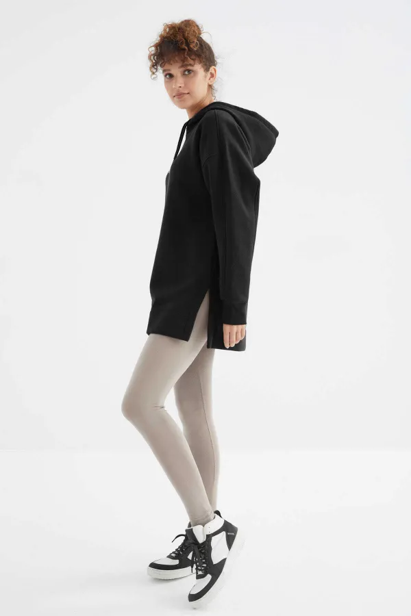 Tommylife Wholesale Black Raglan Sleeve Basic Hooded Oversize Tunic - 97242