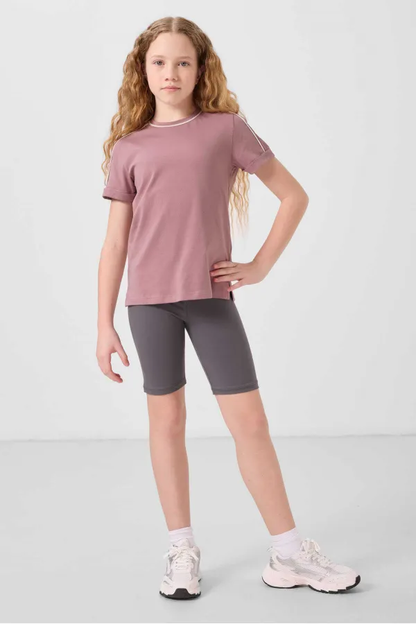 Tommylife Toptan Pamuklu O Yaka Oversize Fit Baskılı Kız Çocuk T Shirt 75177 Gül Kurusu