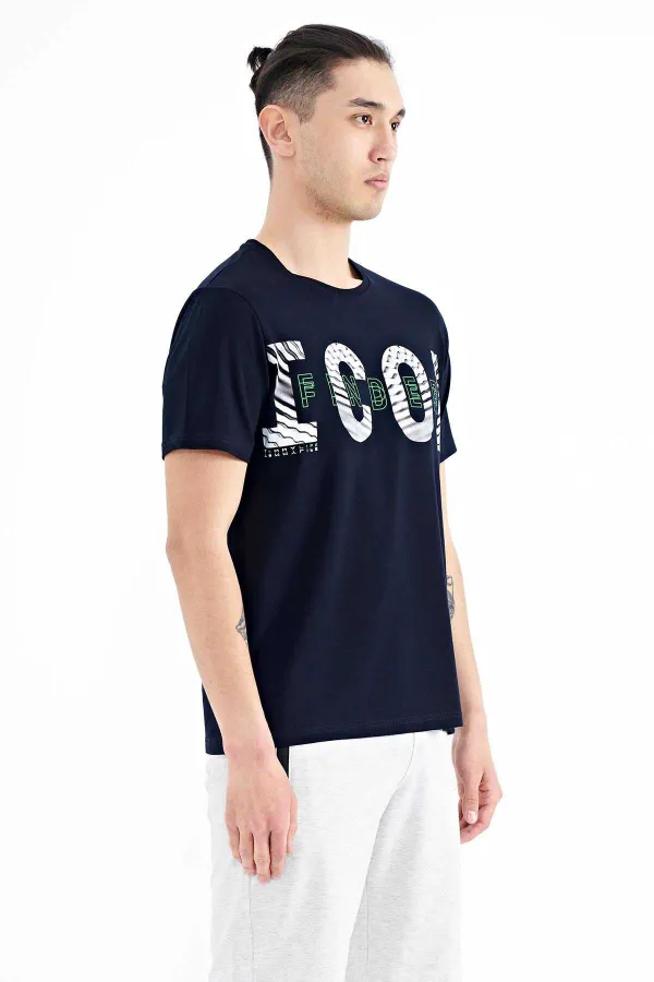 Tommylife Toptan Lacivert Yazı Baskı Detaylı O Yaka Standart Kalıp Erkek T-Shirt - 88187