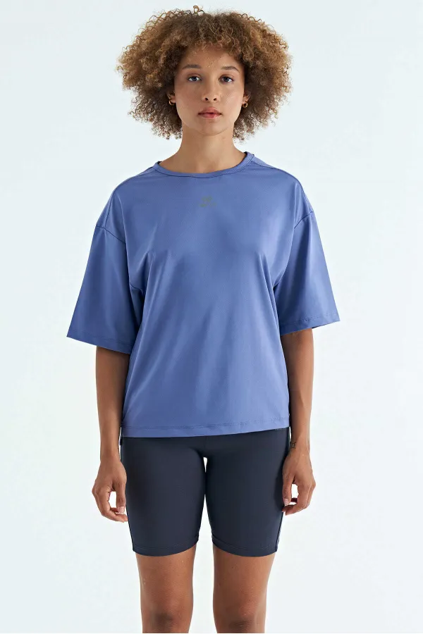 Tommylife Toptan Eflatun O Yaka Baskı Detaylı Oversize Kısa Kol Kadın T-Shirt - 97263