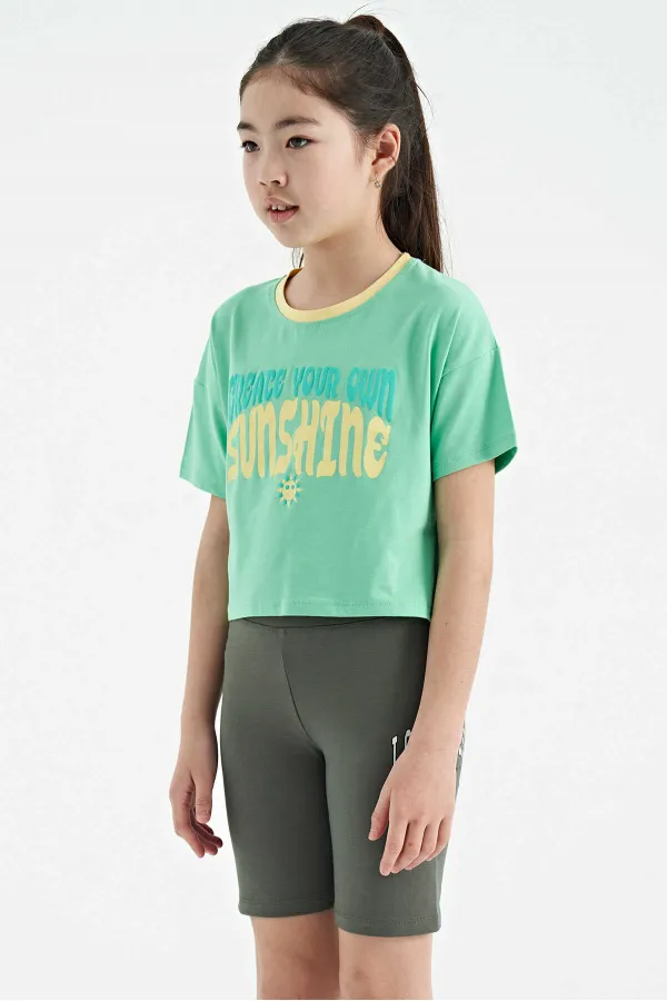 Tommylife Toptan Su Yeşili Renkli Yazı Baskılı O Yaka Oversize  Kısa Kollu Kız Çocuk T-Shirt - 75111