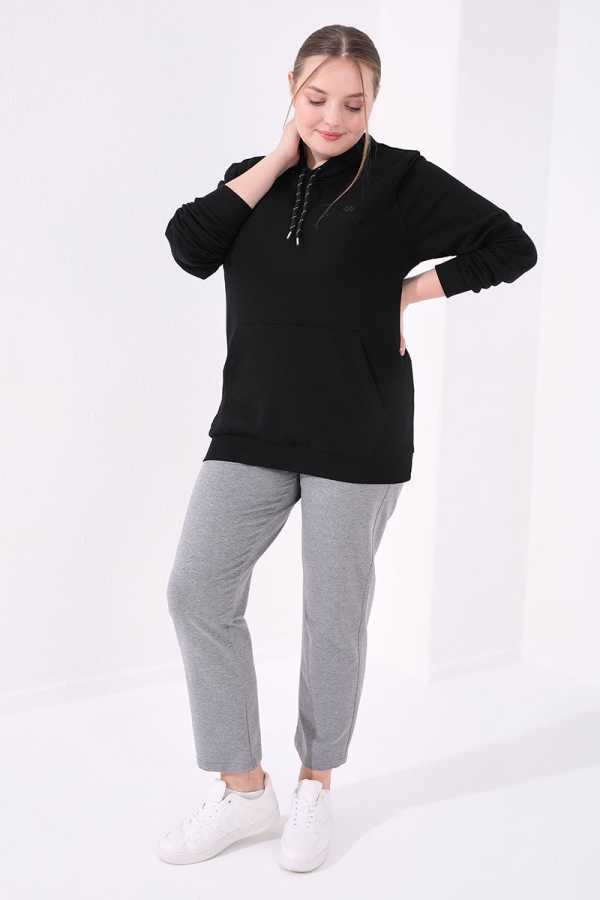 Tommylife Toptan Gri Melanj Klasik Paça Taş Detaylı Kadın Büyük Beden Eşofman Alt - 94040